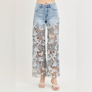Floral denim lace crochet embellished high rise flare pants boho wide leg jeans